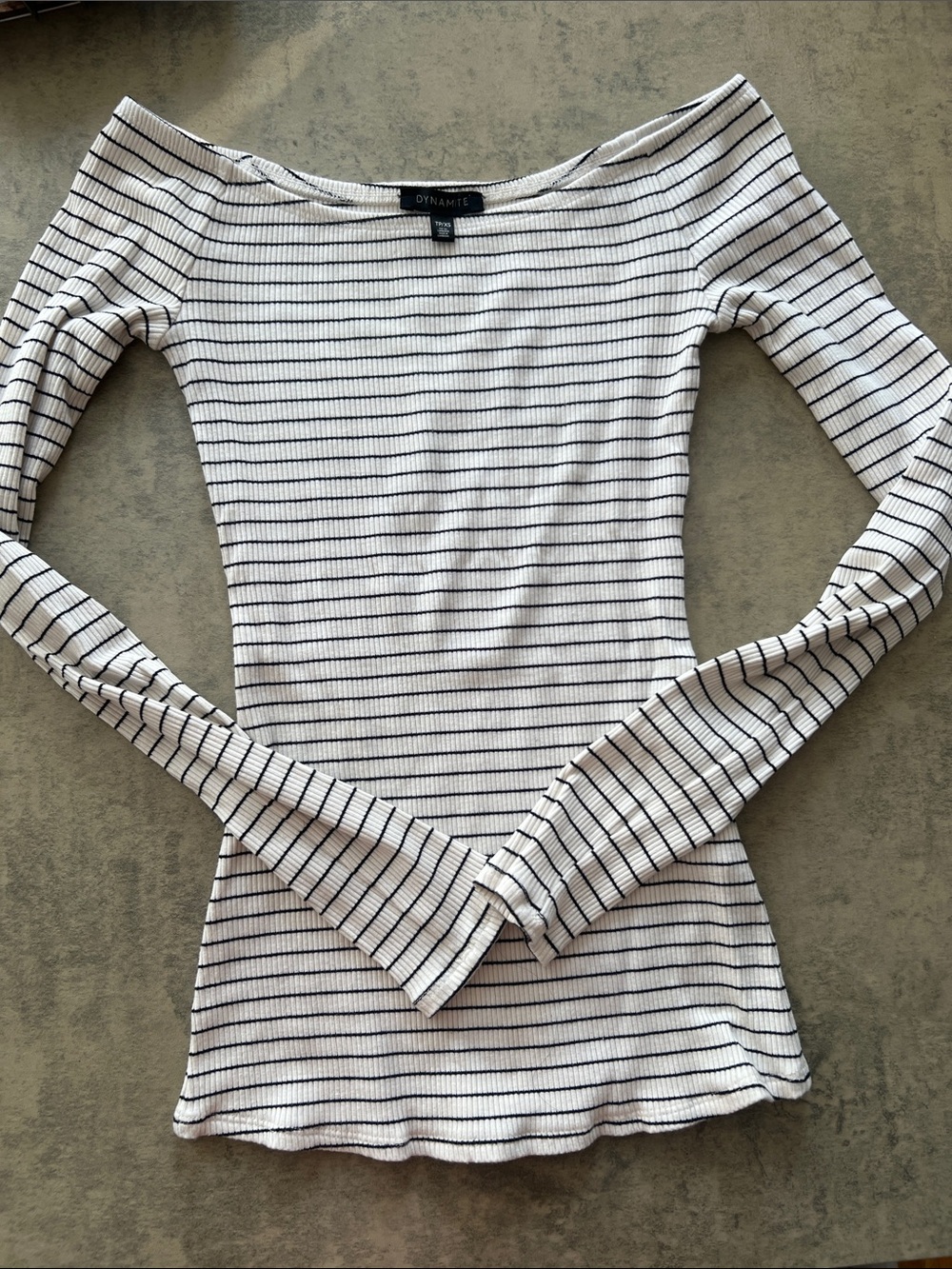 Dynamite Off-Shoulder Ribbed Long Sleeve Top in White and Black Stripe